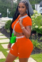 Summer Print Orange Sexy Tight Crop Top and Biker Shorts 2 Piece Set