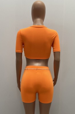 Summer Print Orange Sexy Tight Crop Top and Biker Shorts 2 Piece Set