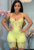 Summer Yellow Sexy Lace Patch Strap Bodycon Rompers