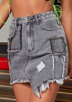 Summer High Waist Dark Grey Ripped Mini Denim Skirt