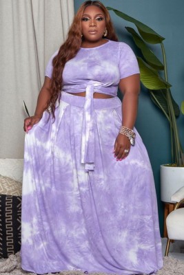 Summer Plus Size Tie Dye Purple Knotted Crop Top and Long Skirt 2PC Set