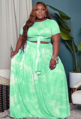 Summer Plus Size Tie Dye Green Knotted Crop Top and Long Skirt 2PC Set