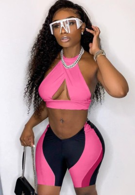 Summer Black and Pink Sexy Halter Crop Top and Biker Shorts 2PC Set