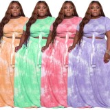 Summer Plus Size Tie Dye Pink Knotted Crop Top and Long Skirt 2PC Set
