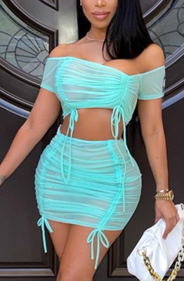 Summer Blue Sexy Ruched Crop Top and Mini Skirt Set