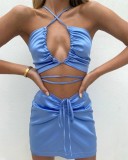 Summer Blue Satin Sexy Halter Crop Top and Mini Skirt 2 Piece Set