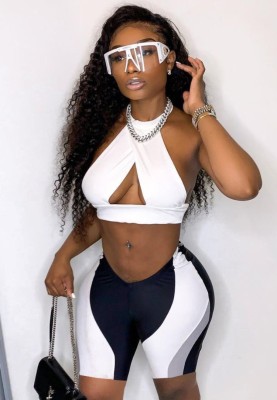 Summer Black and White Sexy Halter Crop Top and Biker Shorts 2PC Set