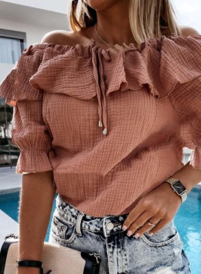 Summer Casual Pink Off Shoulder Ruffle Shirt