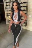 Summer Color Block Sexy Lace-Up Crop Top and Pants 2 Piece Matching Set