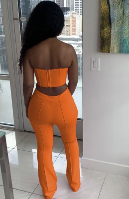 Summer Formal Orange Sexy Strapless Crop Top and Pants Matching Set