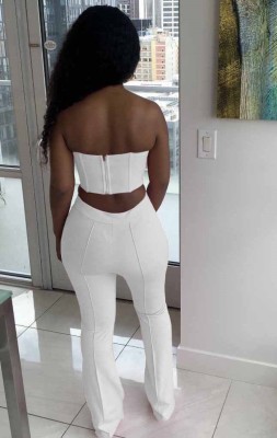 Summer Formal White Sexy Strapless Crop Top and Pants Matching Set