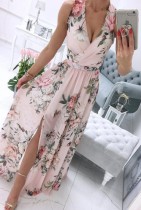Summer Formal Floral Pink Sleeveless Wrap Long Dress