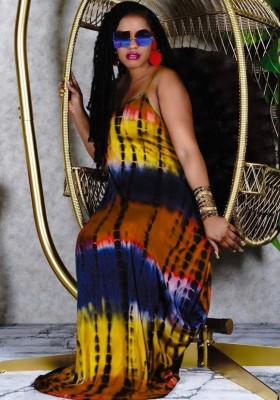 Summer Tie Dye Strap Loose Long Maxi Dress