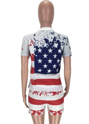 Summer Casual Flag Print Bodycon Shirt and Shorts 2 Piece Set