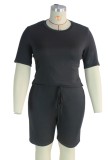 Summer Plus Size Black Casual Shirt and Shorts 2 Piece Set