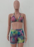 Summer Multicolor Sexy Fishnet Bra and Shorts 2 Piece Matching Set
