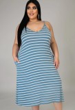 Summer Casual Plus Size Stripes Strap Long Dress