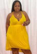 Summer Plus Size Casual Yellow Halter Short Dress