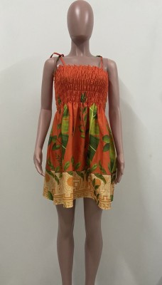 Summer Casual Floral Orange Strap Skater Dress