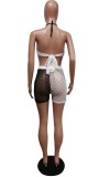 Summer Color Block Fishnet Sexy Bra and Shorts 2PC Set