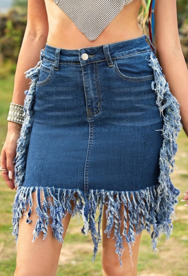 Summer Blue High Waist Tassels Denim Mini Skirt