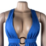 Summer Sexy Blue O-Neck Deep-V Cross Back Long Dress