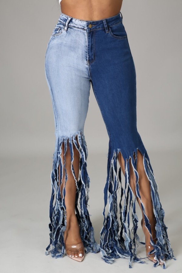 Summer Color Block High Waist Fringe Flare Jeans