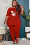 Summer Plus Size Red Print Shirt and Pants 2PC Casual Set