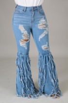Summer Blue High Waist Fringe Flare Jeans