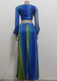 Summer Multicolor Elegant Long Sleeve Crop Top and Long Skirt 2PC Set