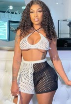 Summer Color Block Fishnet Sexy Bra and Shorts 2PC Set