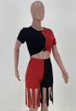 Summer Color Block Crop Top and Fringe Shorts 2 Piece Matching Set