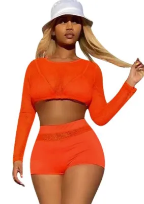 Summer Orange Sexy Long Sleeve Crop Top and Shorts 2PC Set