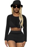 Summer Black Sexy Long Sleeve Crop Top and Shorts 2PC Set