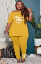 Summer Plus Size Yellow Print Shirt and Pants 2PC Casual Set