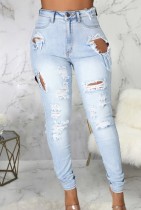 Summer Blue Washed High Waist Ripped Jeans