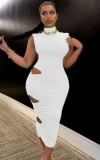 Summer Elegant White Cut Out Turtleneck Sleeveless Midi Dress