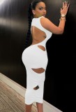 Summer Elegant White Cut Out Turtleneck Sleeveless Midi Dress