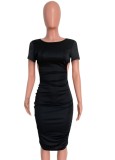 Summer Casual Black Short Sleeve Ruched Mini Bodycon Dress