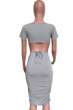 Summer Casual Grey Short Sleeve Ruched Mini Bodycon Dress