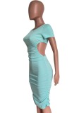 Summer Casual Green Short Sleeve Ruched Mini Bodycon Dress