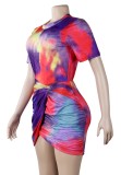 Summer Tie Dye Short Sleeve Wrap Mini Dress