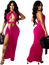 Summer Pink Sexy O-Ring Halter Crop Top and Irregular Long Skirt Set