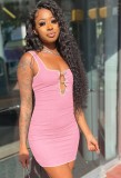 Summer Sexy Pink Hollow Out Fitted Tank Dress