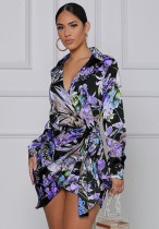 Autumn Print Floral Long Sleeve Wrap Mini Dress