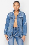 Autumn Blue Hollow Out Chains Long Denim Jacket with Full Sleeves