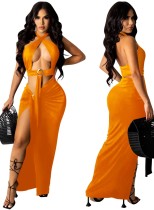 Summer Orange Sexy O-Ring Halter Crop Top and Irregular Long Skirt Set