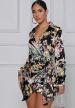 Autumn Print Floral Long Sleeve Wrap Mini Dress