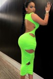 Summer Elegant Green Cut Out Turtleneck Sleeveless Midi Dress