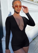 Summer Black Sexy Long Sleeve Deep-V Bodycon Rompers